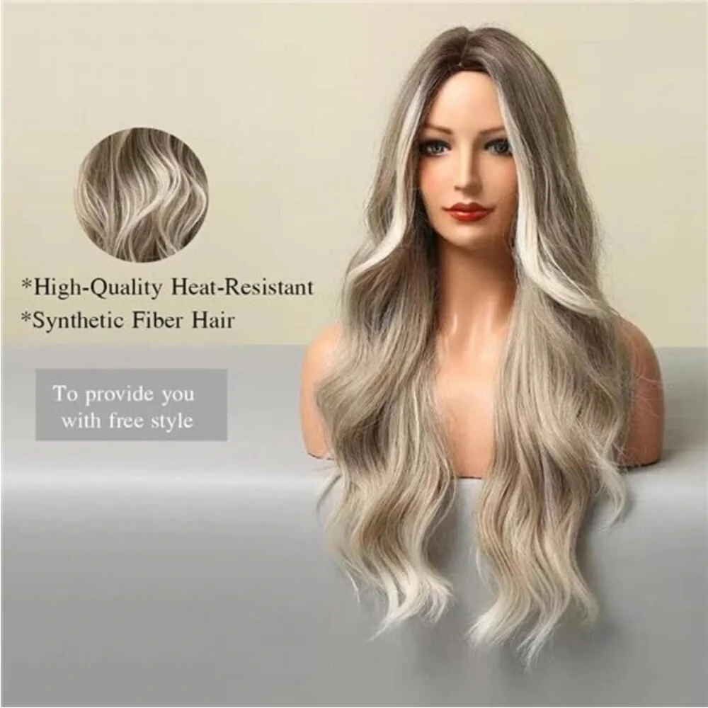 Womens Natural 24” Hair Heat Resistant Brown Ombre Ash Blonde NEW